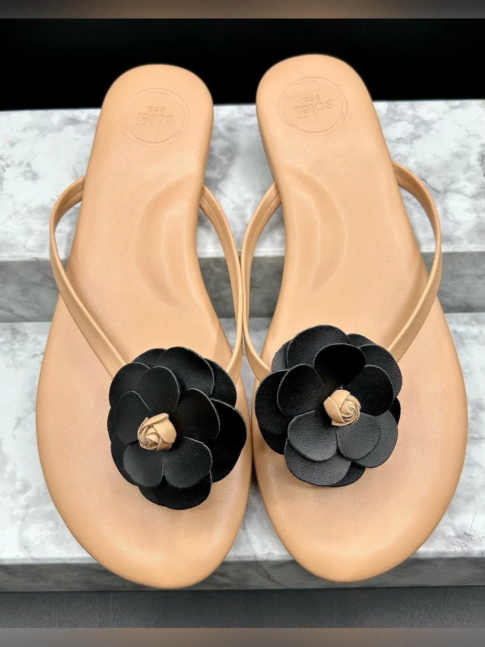 SOLEI SEA Valentina Flower Sandals in The Tan and Black. US size 11. EU size 42